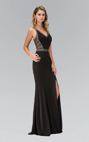 Sheath Long V-Neck Sleeveless Jersey Illusion Dress With Beading And Split Front