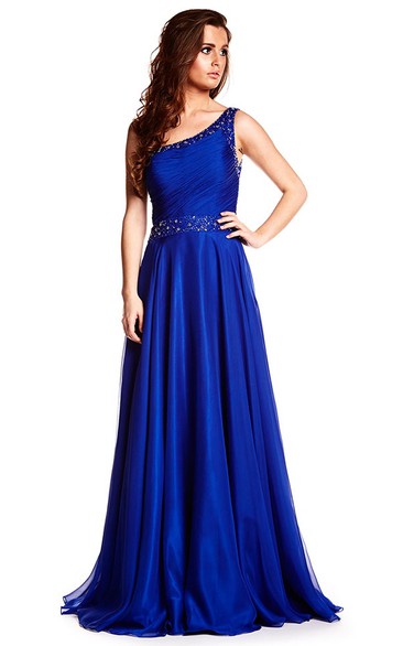 A-Line Sleeveless One-Shoulder Floor-Length Ruched Prom Dress With Straps And Beading