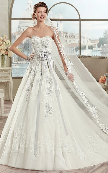 Strapless Open-Back A-Line Lace Bridal Gown With Floral Decorations And Fine Appliques