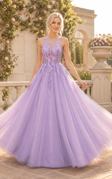 Lavender High Neck Tulle Ball Gown with Lace Applique Bodice
