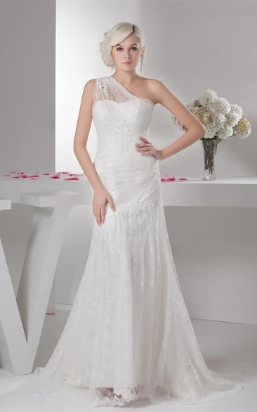 Graceful Tulle Sheath One-Shoulder Beading and Dress With Lace