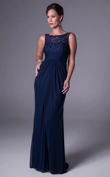 Sheath Floor-Length Lace Sleeveless Bateau-Neck Chiffon Bridesmaid Dress With Draping