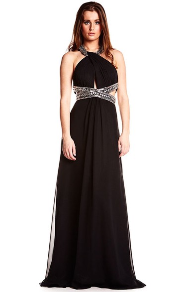 Beaded Sleeveless Halter Chiffon Backless Prom Dress