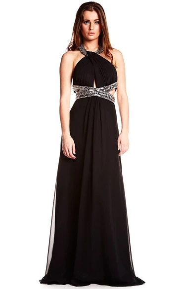 Beaded Sleeveless Halter Chiffon Backless Prom Dress