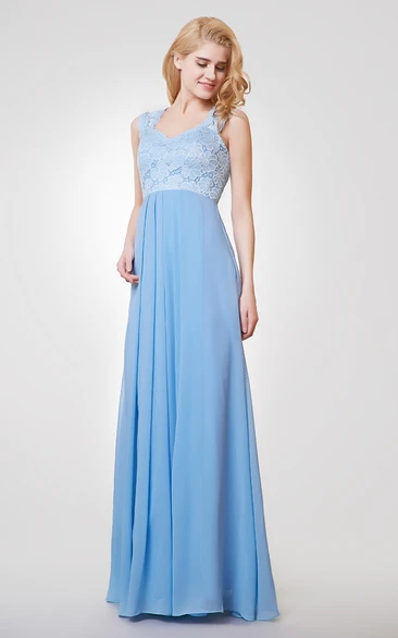 A-line Long Chiffon and Lace Dress With Straps