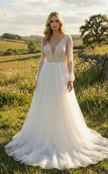 Long Sleeve Boho A-Line Wedding Dress with Deep V-Neck Lace Bodice