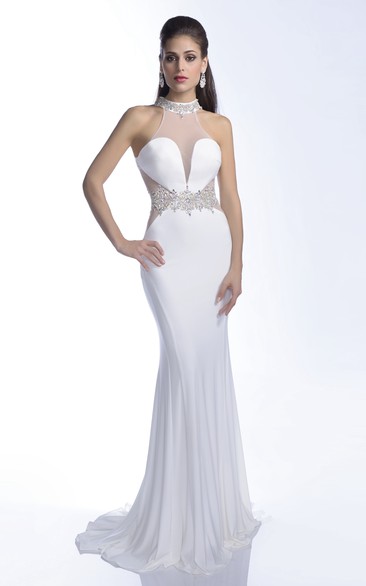 Jersey Mermaid Sleeveless Keyhole Back Prom Dress With Crystal Halter And Waistband