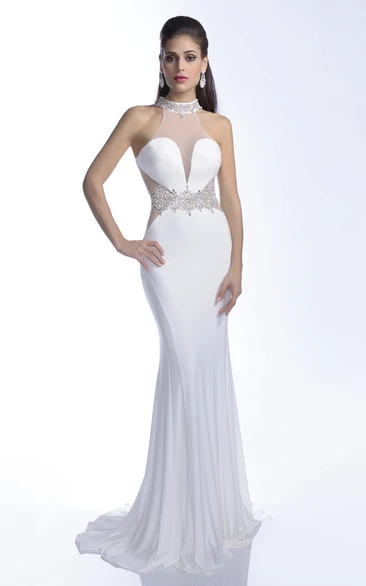 Jersey Mermaid Sleeveless Keyhole Back Prom Dress With Crystal Halter And Waistband