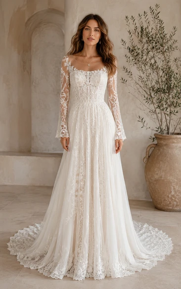 Boho A-Line Wedding Dress Long Bell Sleeve Square Neck Tulle Lace Applique Floor Length Chapel Train Ivory