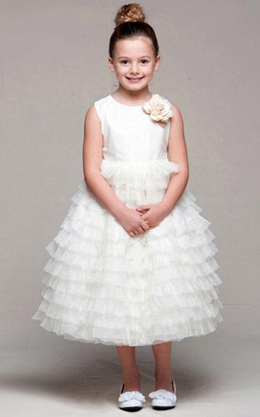 Tea-Length Tiered Tulle&Satin Flower Girl Dress