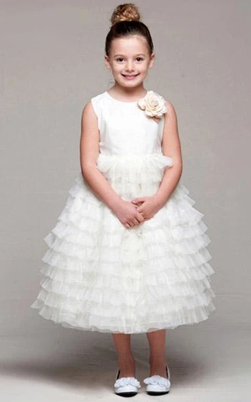 Tea-Length Tiered Tulle&Satin Flower Girl Dress