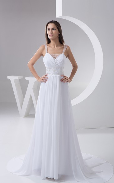 Chiffon Long Strapped Jeweled Waist and Dress With Pleats