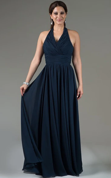 Halter Neck Pleated Chiffon Long Bridesmaid Dress With Criss-Cross Bodice