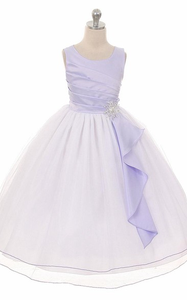 Broach Tea-Length Pleated Satin Flower Girl Dress With Ruffles