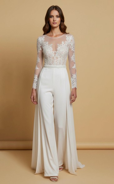 Deep V Lace Sheer Long Sleeve Wide Leg Wedding Jumpsuit