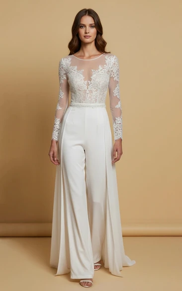 Deep V Lace Sheer Long Sleeve Wide Leg Wedding Jumpsuit
