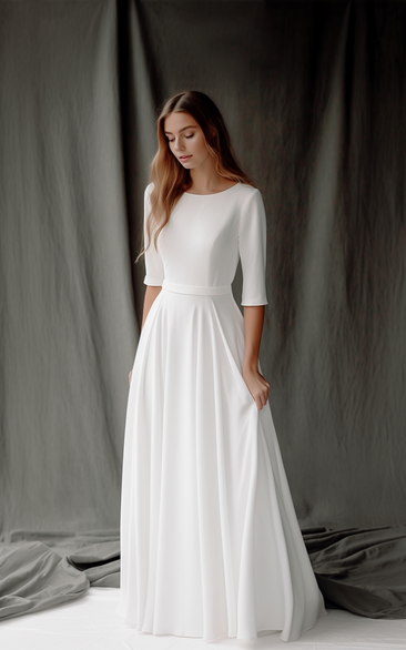 Simple Modest Half-sleeve Scoop-neck Casual Wedding Dress - Dorris Wedding