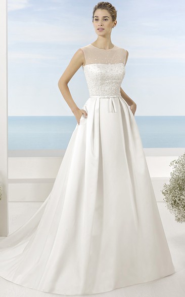 Scoop Floor-Length Beaded Satin Wedding Dress With Brush Train And Illusion