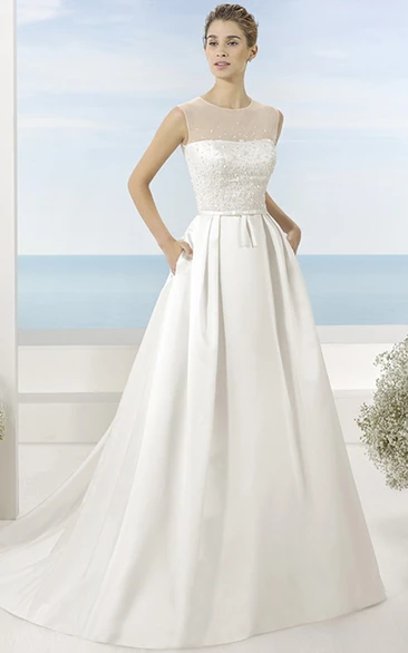 Scoop Floor-Length Beaded Satin Wedding Dress With Brush Train And Illusion