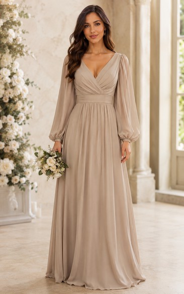 Taupe Long Sleeve V-neck A-Line Chiffon Bridesmaid Dress