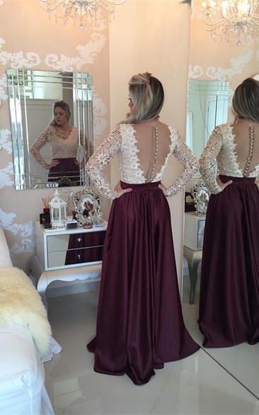 Stunning Long Sleeve Lace Pearls Prom Dresses Long Party Gowns