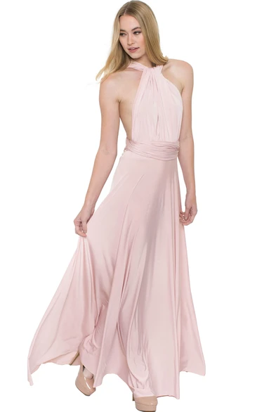 Sleeveless Ruched High Neck Chiffon Muti-Color Convertible Bridesmaid Dress With Sash And Keyhole