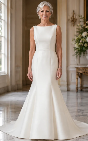 Sleeveless Bateau Mermaid Older Brides Wedding Dress in Smooth Satin