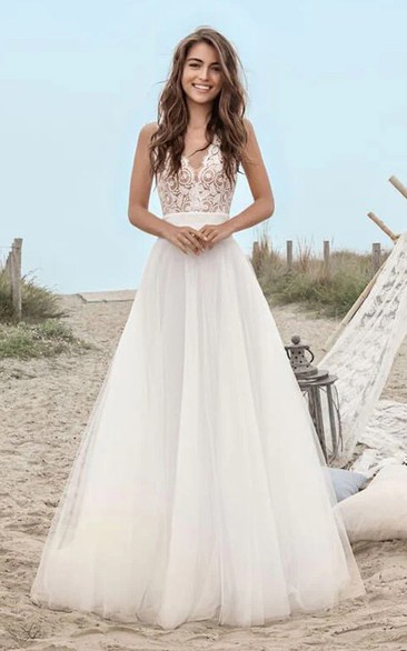 V-neck Beach A-line Tulle Destination Wedding Dress with Lace Top