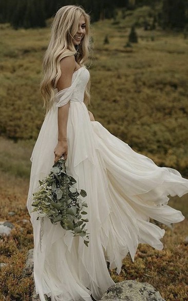 Off-the-shoulder Sweetheart Ethereal Chiffon Floor Length Wedding Dress