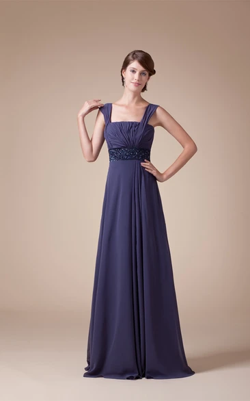 Sleeveless Square Ruched A-Line Gown With Jeweled Empire Waist
