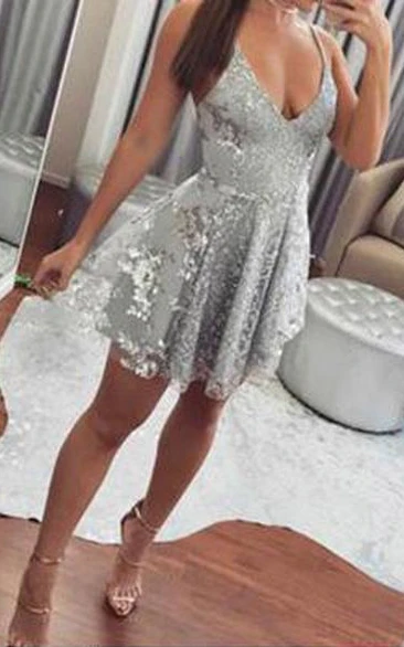Sliver Spaghetti Sexy Sequin Short Mini Backless Homecoming Prom Dress
