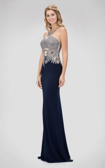 Sheath Long Scoop-Neck Sleeveless Jersey Keyhole Dress With Beading