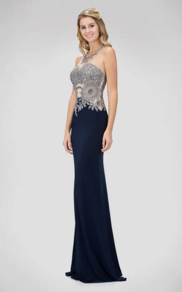 Sheath Long Scoop-Neck Sleeveless Jersey Keyhole Dress With Beading