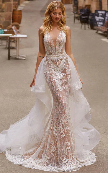 Sexy Plunged Mermaid Sheath Empire Lace Beach Wedding Dress with Detachable Skirt