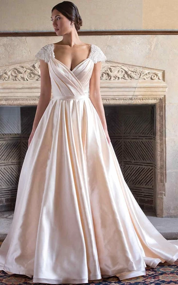 A-Line Cap-Sleeve V-Neck Satin Wedding Dress With Criss Cross And Sweep Train
