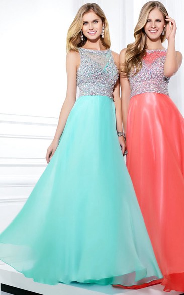 A-Line Sleeveless Jewel Neck Beaded Chiffon Prom Dress With Illusion Back