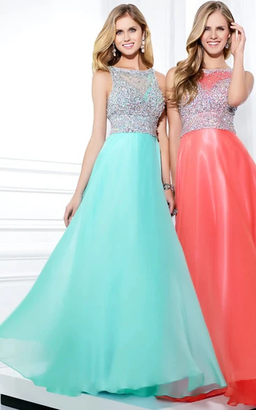 A-Line Sleeveless Jewel Neck Beaded Chiffon Prom Dress With Illusion Back