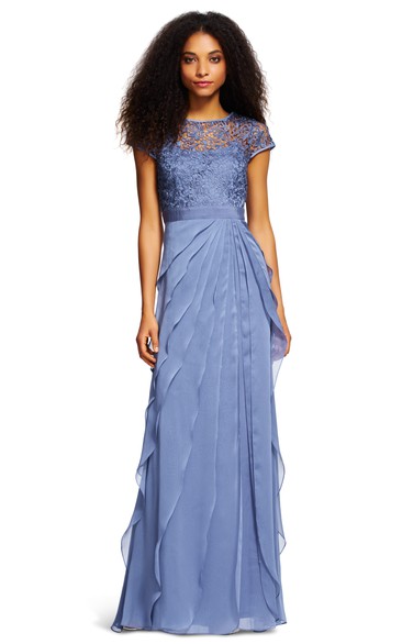 Sheath Lace Scoop-Neck Short-Sleeve Floor-Length Chiffon Bridesmaid Dress With Draping