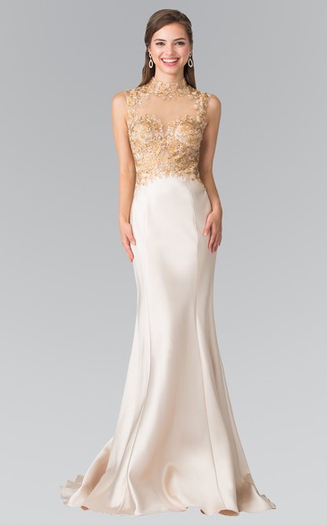 Sheath Maxi High Neck Sleeveless Satin Illusion Dress With Beading And Appliques