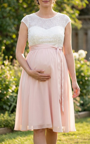 Maternity Bridesmaid Dress with Lace Bodice, Cap Sleeves & Blush Chiffon Skirt