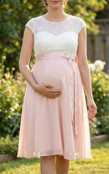 Maternity Bridesmaid Dress with Lace Bodice, Cap Sleeves & Blush Chiffon Skirt