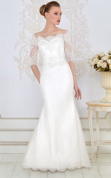 Sheath Floor-Length Appliqued Bateau-Neck Half-Sleeve Lace&Satin Wedding Dress