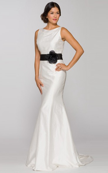 Sheath Jewel-Neck Sleeveless Floral Long Satin Wedding Dress With Bow
