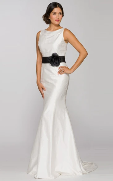 Sheath Jewel-Neck Sleeveless Floral Long Satin Wedding Dress With Bow