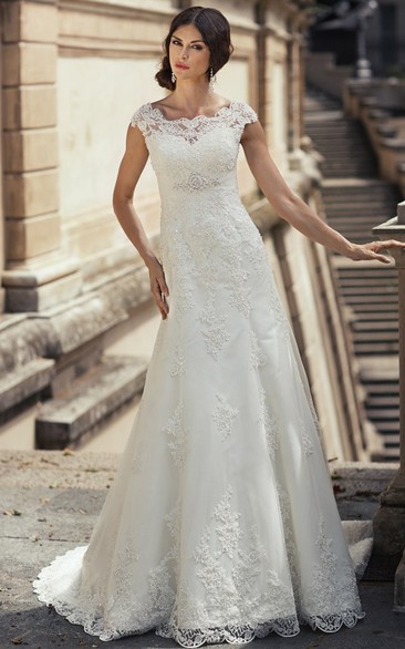 Sheath Cap-Sleeve Long Appliqued Bateau-Neck Lace Wedding Dress Styles With Waist Jewellery