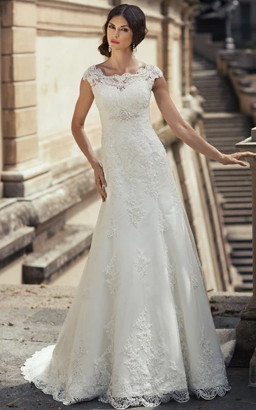 Sheath Cap-Sleeve Long Appliqued Bateau-Neck Lace Wedding Dress Styles With Waist Jewellery