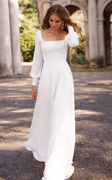 Square Neck Elegant Solid Puff Long Sleeve Empire Wedding Dress