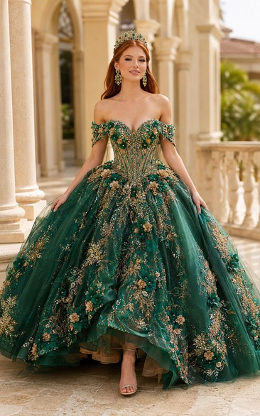 Robe de bal de quinceañera vert foncé à appliqués floraux dorés