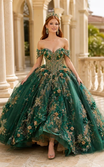 Robe de bal de quinceañera vert foncé à appliqués floraux dorés