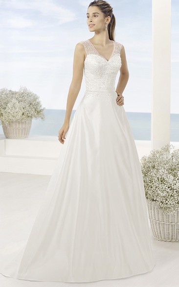 A-Line Floor-Length Appliqued V-Neck Sleeveless Satin Wedding Dress With Court Train And Illusion Back